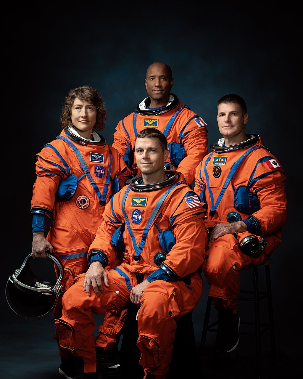 The Artemis II crew portrait: NASA astronauts Christina Koch, Victor Glover, Reid Wiseman, and Canadian Space Agency astronaut Jeremy Hansen